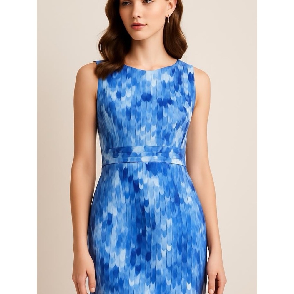 Calvin Klein blue watercolor cotton lined sheath dress back zipper size S‎